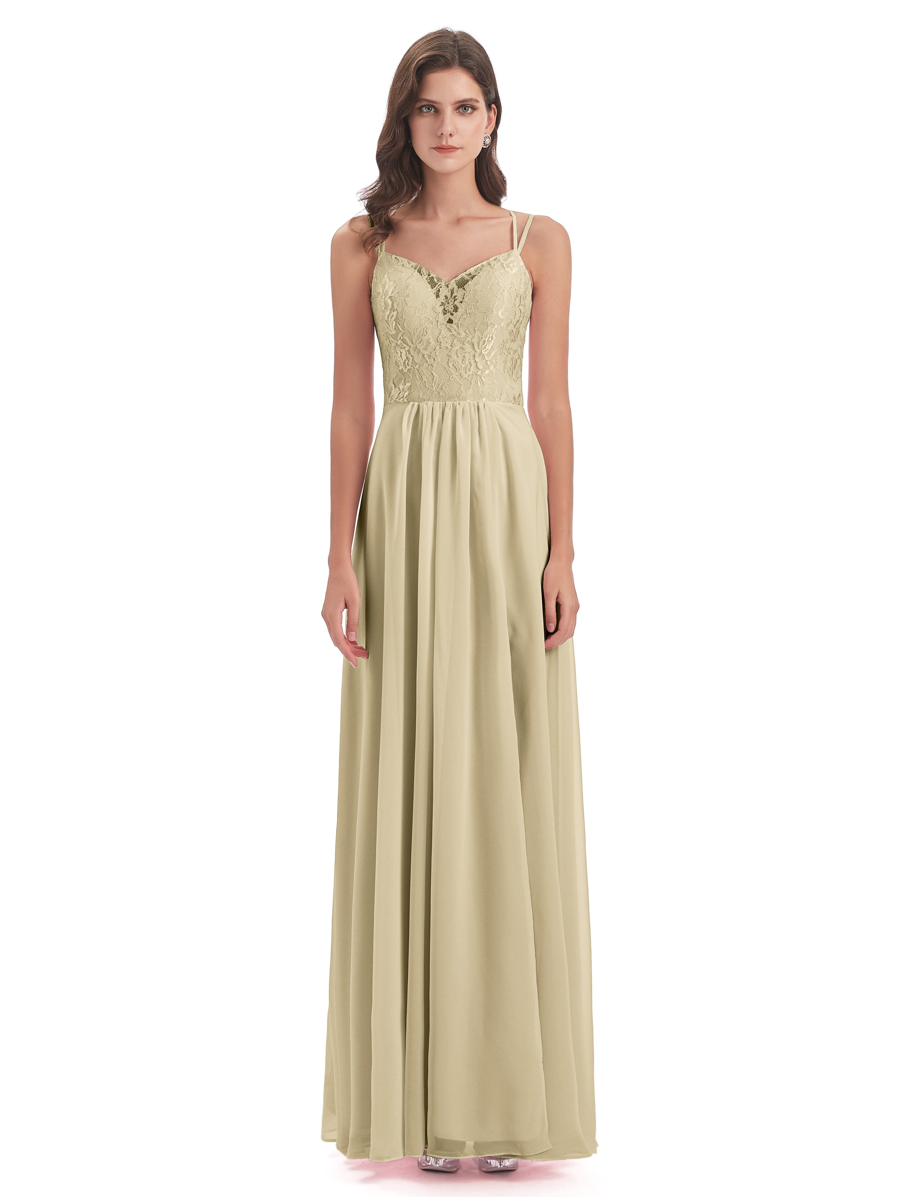 Saanvi Spaghetti Straps Open Back Lace Long Bridesmaid Dresses