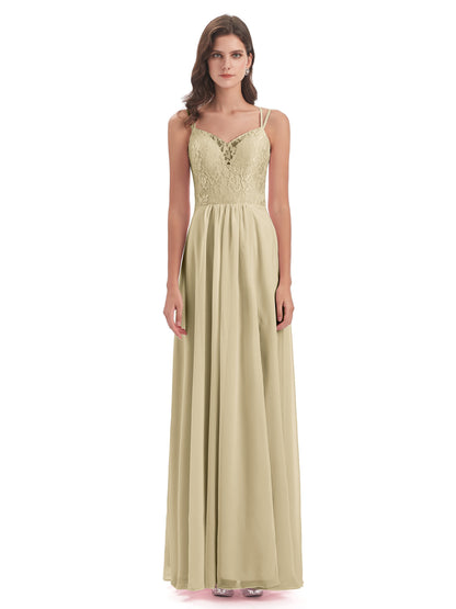 Saanvi Spaghetti Straps Open Back Lace Long Bridesmaid Dresses