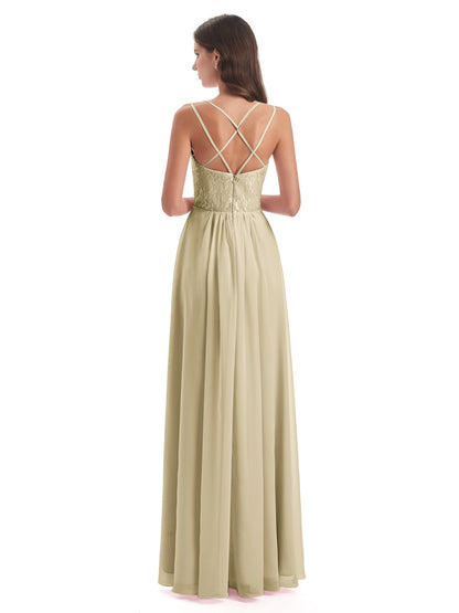 Saanvi Spaghetti Straps Open Back Lace Long Bridesmaid Dresses