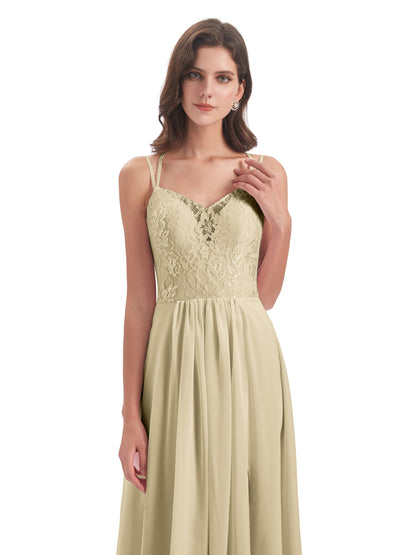 Saanvi Spaghetti Straps Open Back Lace Long Bridesmaid Dresses