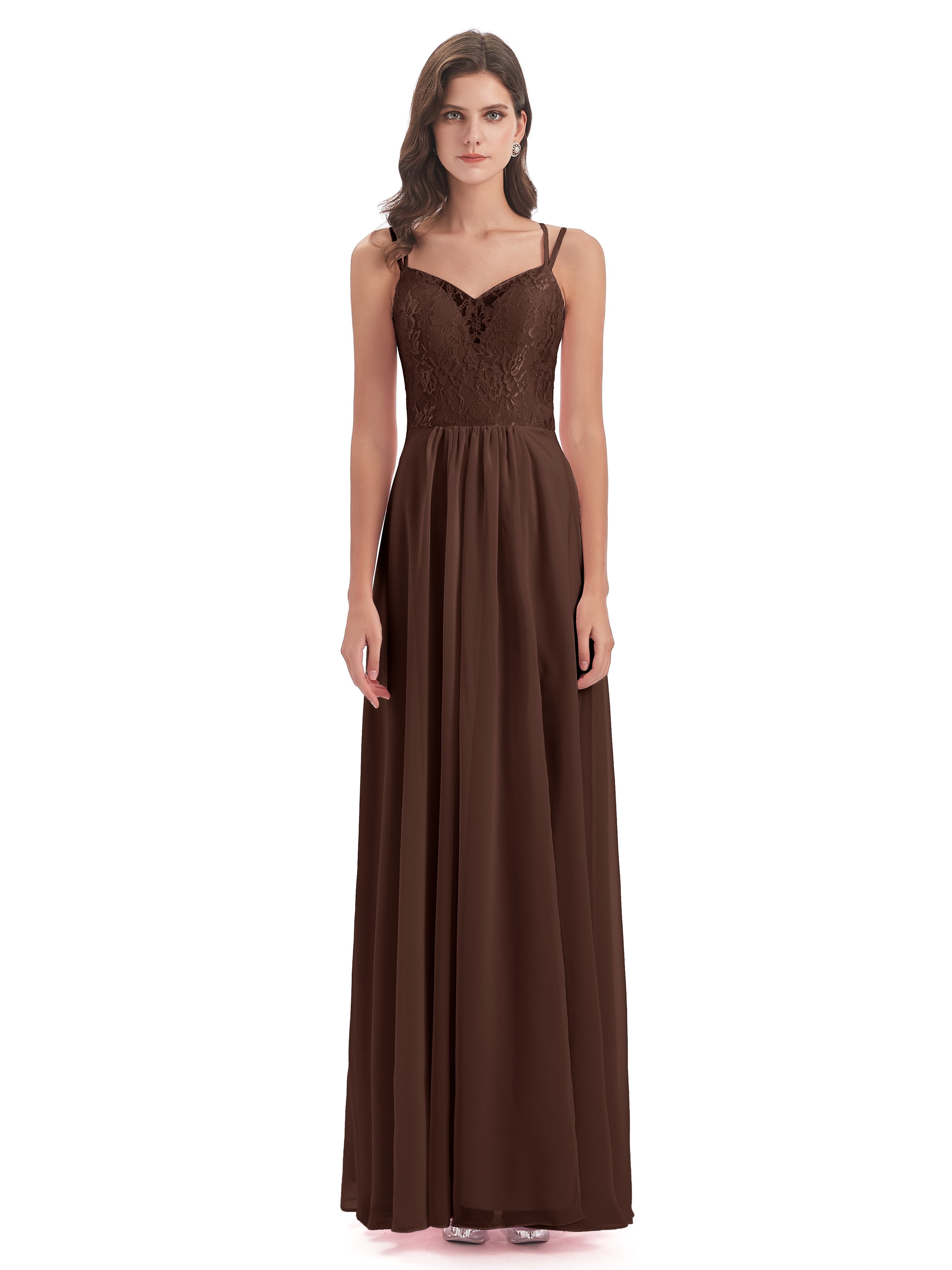 Saanvi Spaghetti Straps Open Back Lace Long Bridesmaid Dresses