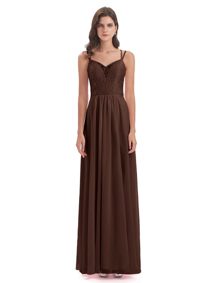 Saanvi Spaghetti Straps Open Back Lace Long Bridesmaid Dresses