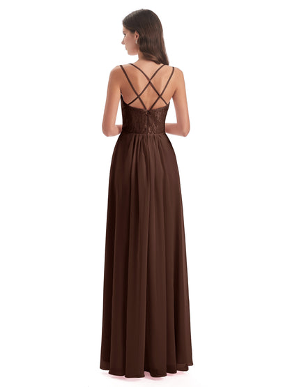 Saanvi Spaghetti Straps Open Back Lace Long Bridesmaid Dresses