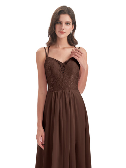 Saanvi Spaghetti Straps Open Back Lace Long Bridesmaid Dresses