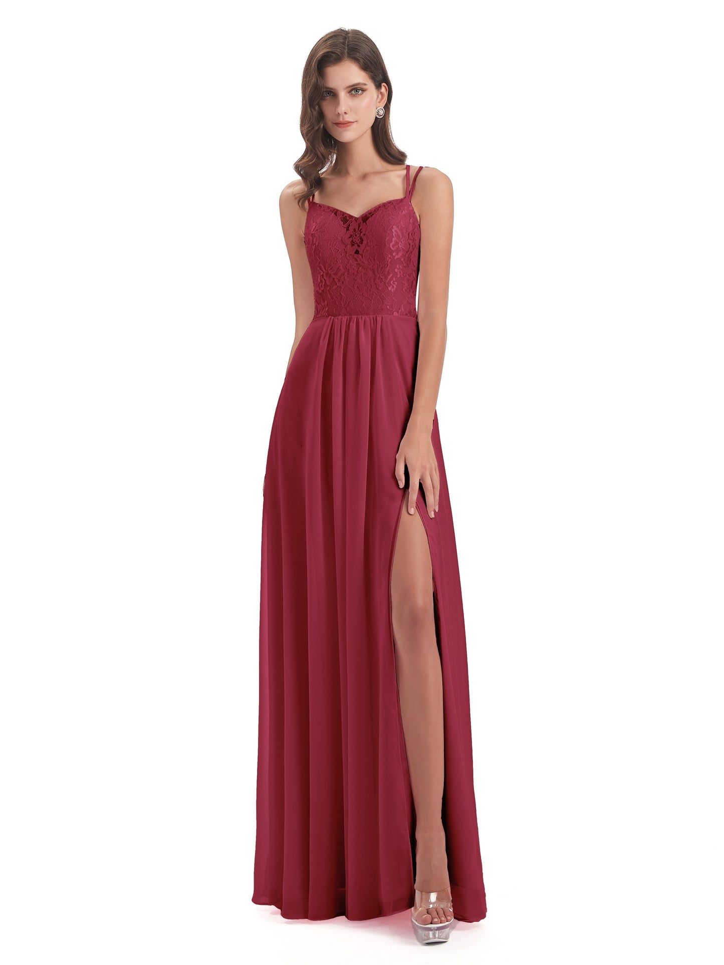 Saanvi Spaghetti Straps Open Back Lace Long Bridesmaid Dresses