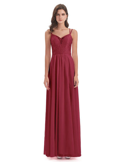 Saanvi Spaghetti Straps Open Back Lace Long Bridesmaid Dresses