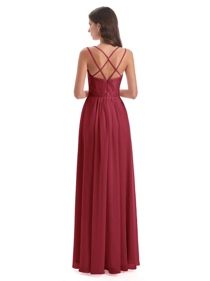 Saanvi Spaghetti Straps Open Back Lace Long Bridesmaid Dresses