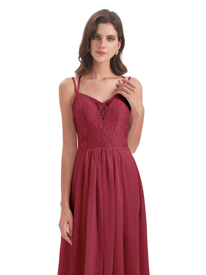 Saanvi Spaghetti Straps Open Back Lace Long Bridesmaid Dresses