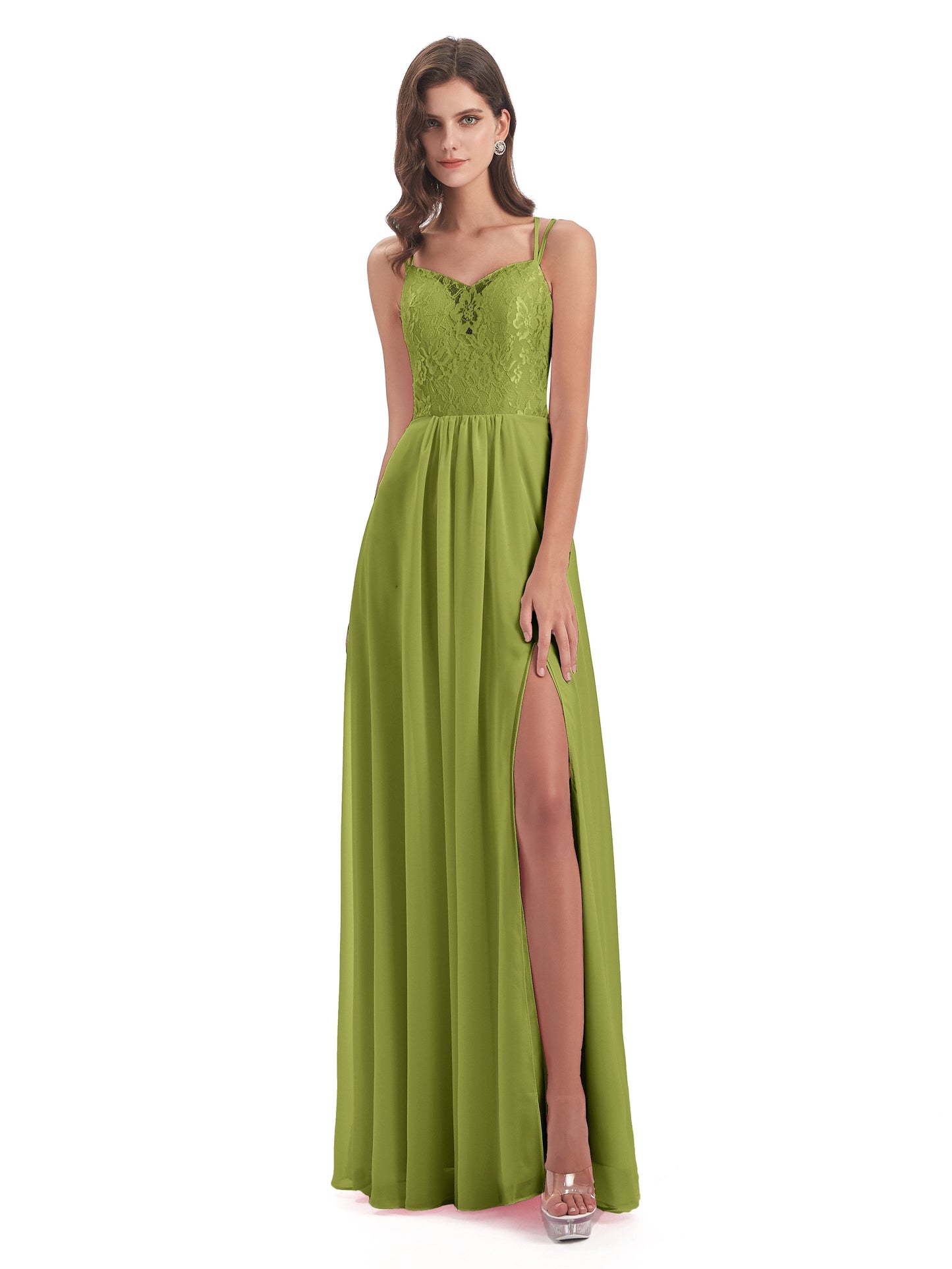Saanvi Spaghetti Straps Open Back Lace Long Bridesmaid Dresses
