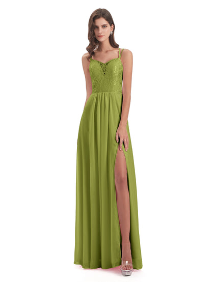Saanvi Spaghetti Straps Open Back Lace Long Bridesmaid Dresses