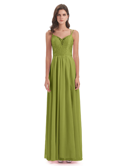 Saanvi Spaghetti Straps Open Back Lace Long Bridesmaid Dresses