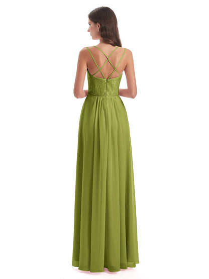 Saanvi Spaghetti Straps Open Back Lace Long Bridesmaid Dresses