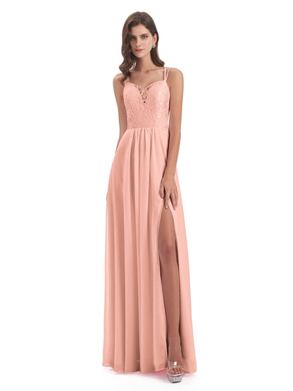Saanvi Spaghetti Straps Open Back Lace Long Bridesmaid Dresses