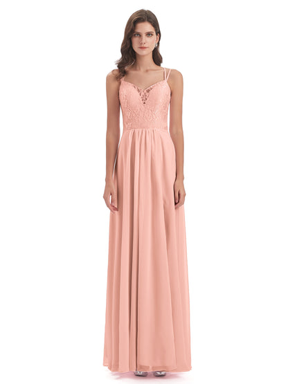 Saanvi Spaghetti Straps Open Back Lace Long Bridesmaid Dresses