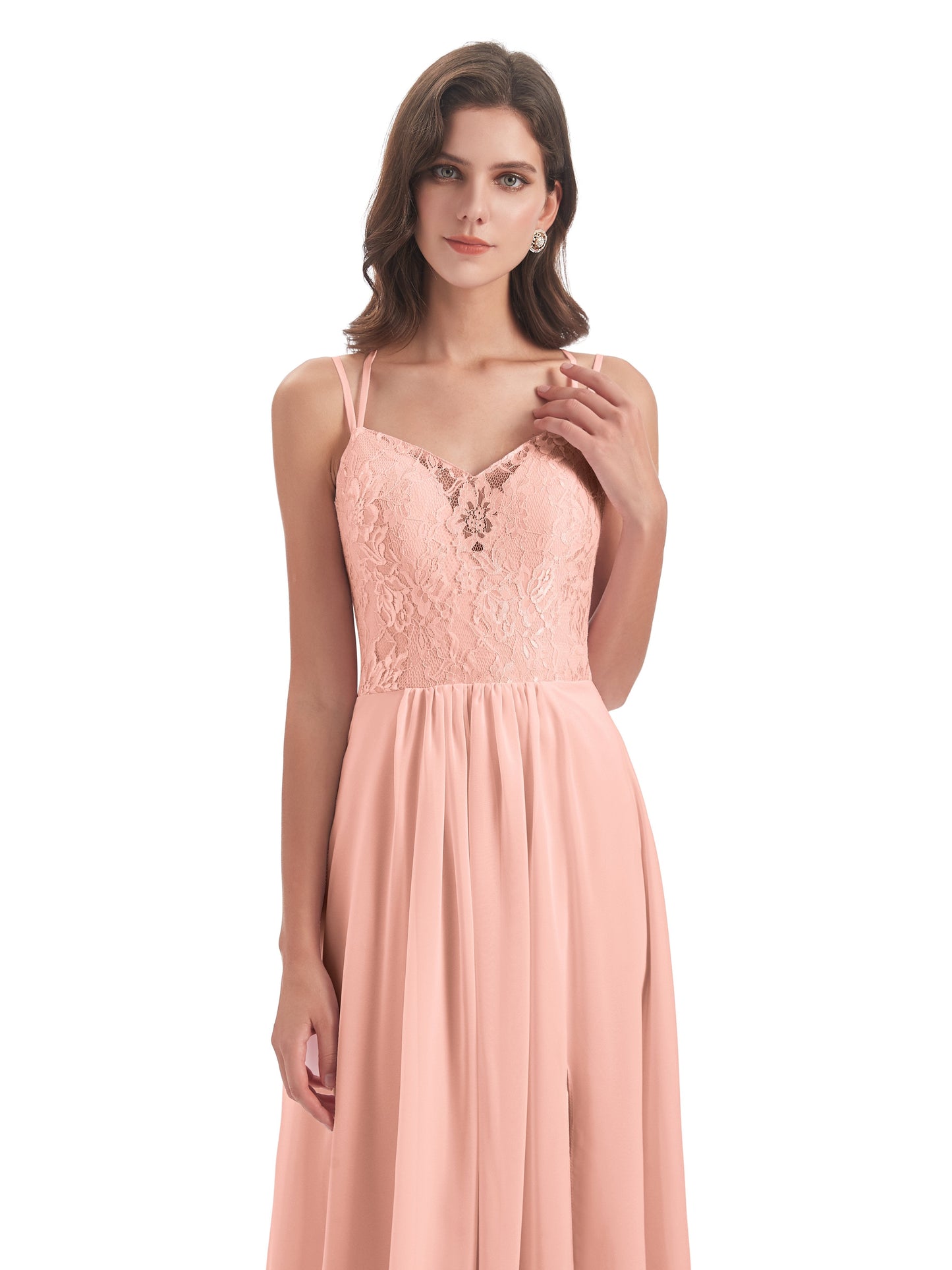 Saanvi Spaghetti Straps Open Back Lace Long Bridesmaid Dresses