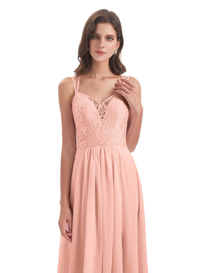 Saanvi Spaghetti Straps Open Back Lace Long Bridesmaid Dresses