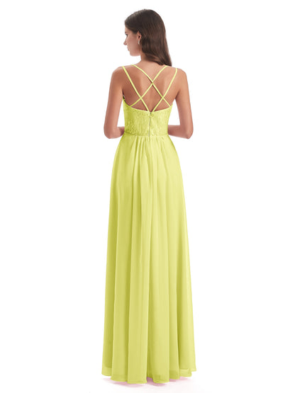 Saanvi Spaghetti Straps Open Back Lace Long Bridesmaid Dresses