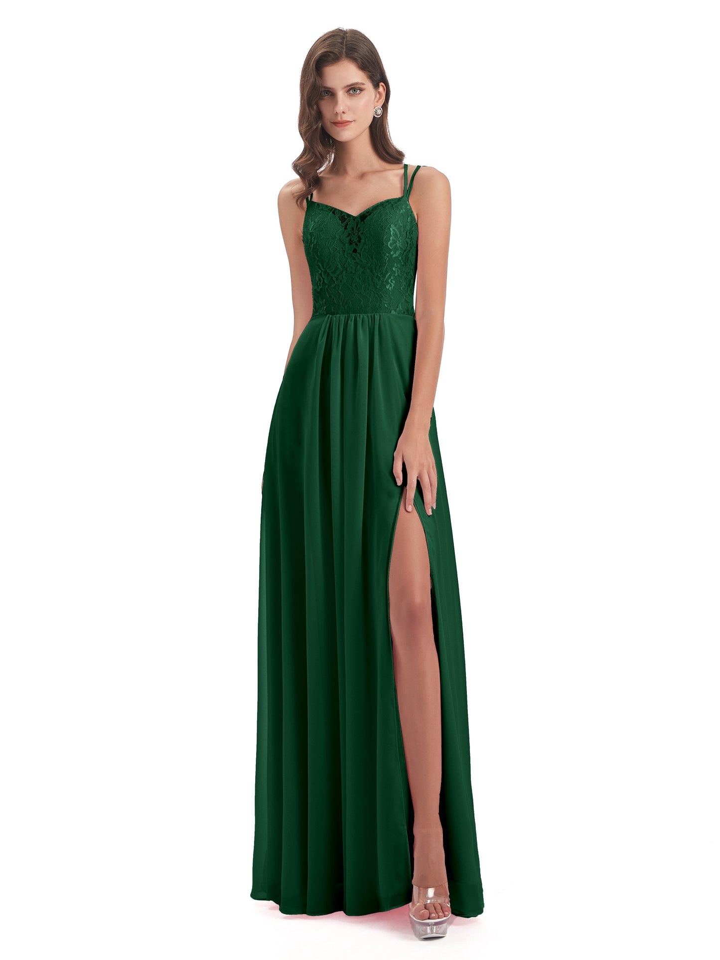 Saanvi Spaghetti Straps Open Back Lace Long Bridesmaid Dresses
