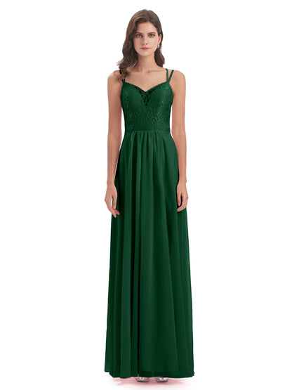 Saanvi Spaghetti Straps Open Back Lace Long Bridesmaid Dresses