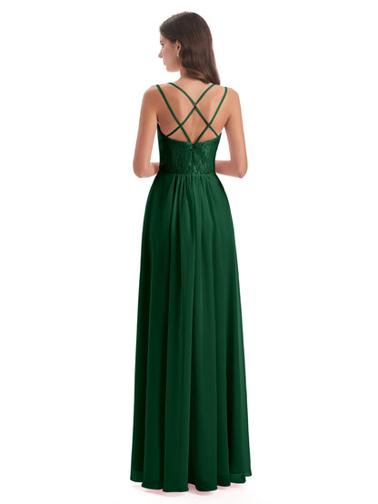 Saanvi Spaghetti Straps Open Back Lace Long Bridesmaid Dresses