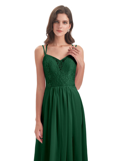 Saanvi Spaghetti Straps Open Back Lace Long Bridesmaid Dresses