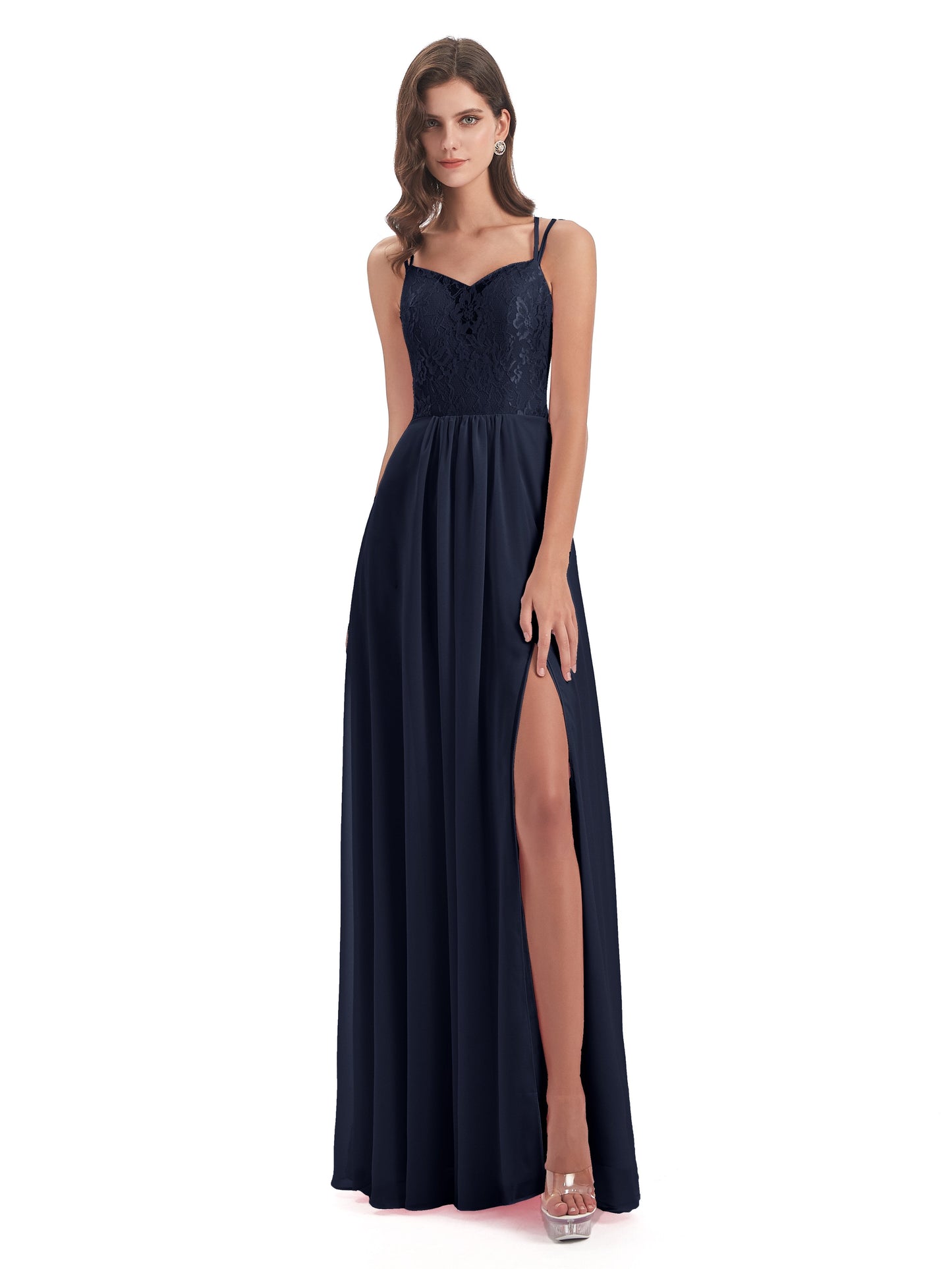 Saanvi Spaghetti Straps Open Back Lace Long Bridesmaid Dresses