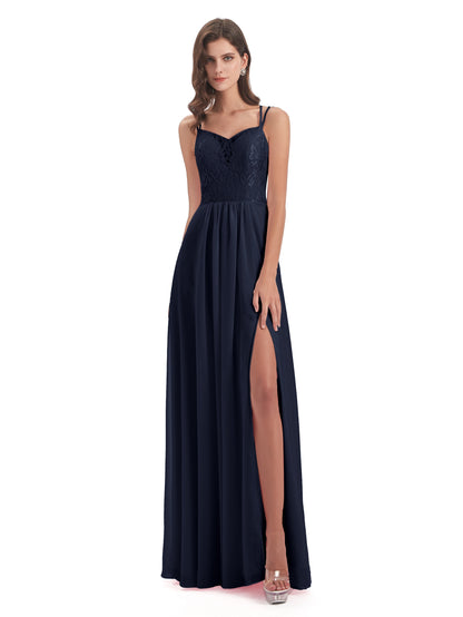 Saanvi Spaghetti Straps Open Back Lace Long Bridesmaid Dresses