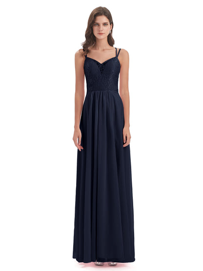 Saanvi Spaghetti Straps Open Back Lace Long Bridesmaid Dresses