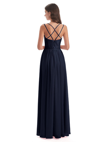 Saanvi Spaghetti Straps Open Back Lace Long Bridesmaid Dresses