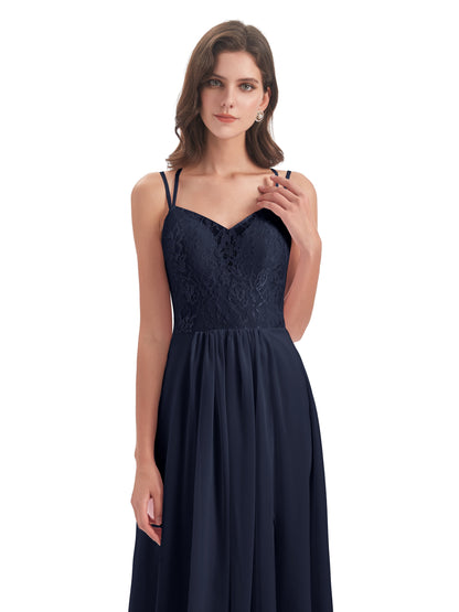 Saanvi Spaghetti Straps Open Back Lace Long Bridesmaid Dresses