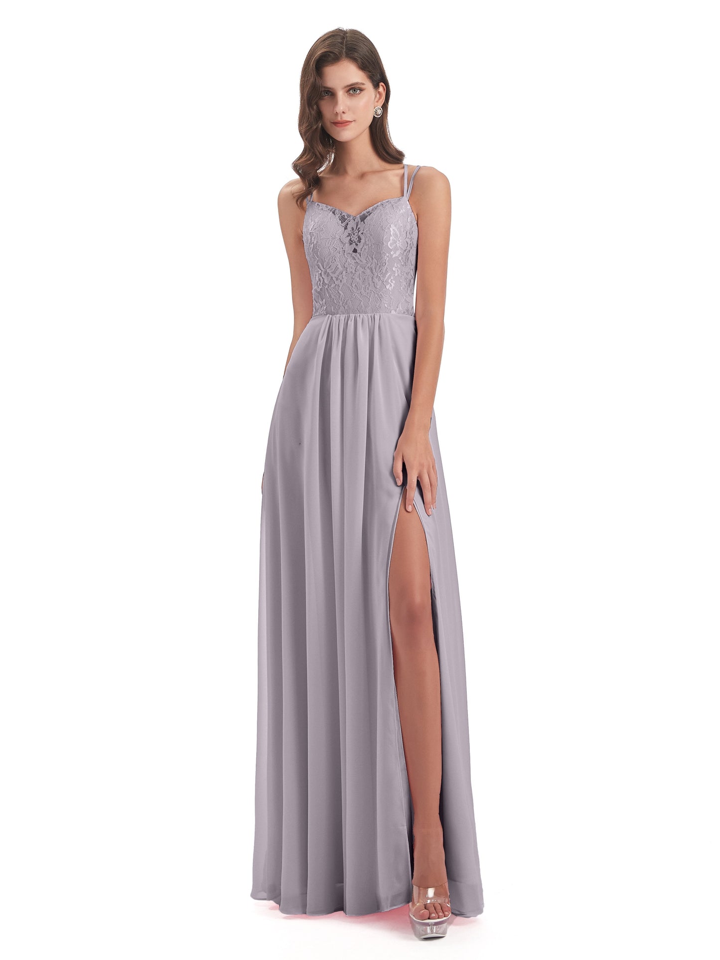 Saanvi Spaghetti Straps Open Back Lace Long Bridesmaid Dresses