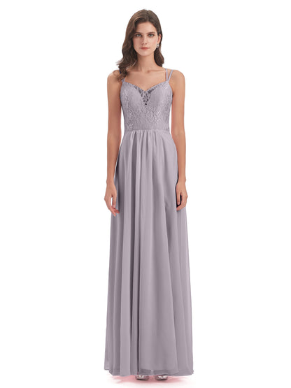 Saanvi Spaghetti Straps Open Back Lace Long Bridesmaid Dresses