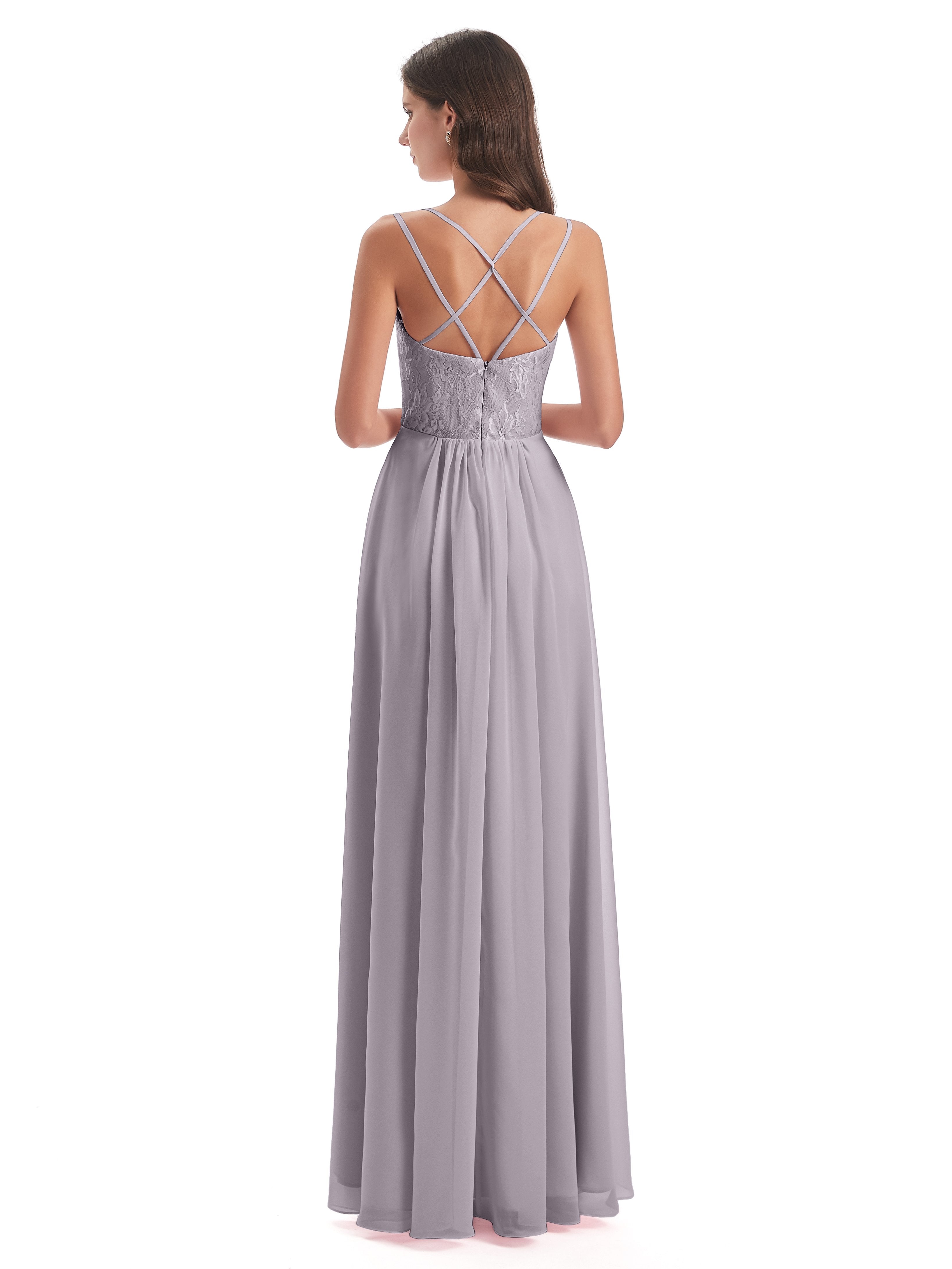 Saanvi Spaghetti Straps Open Back Lace Long Bridesmaid Dresses