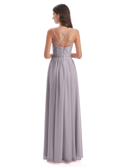 Saanvi Spaghetti Straps Open Back Lace Long Bridesmaid Dresses