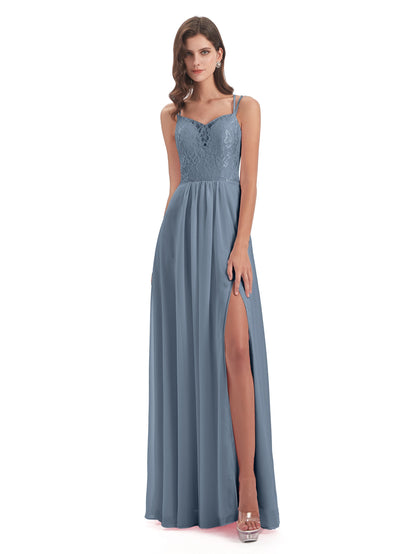 Saanvi Spaghetti Straps Open Back Lace Long Bridesmaid Dresses