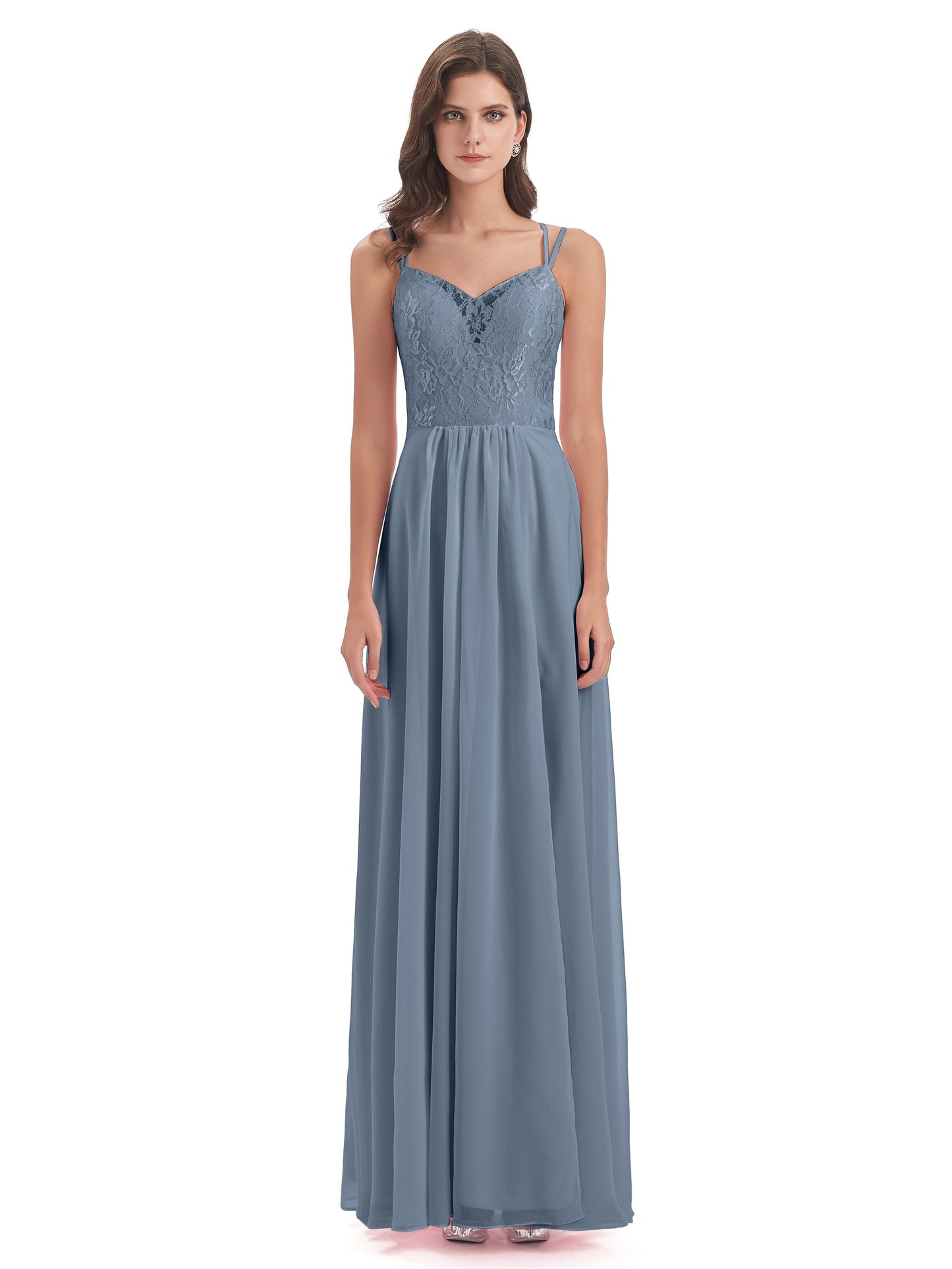 Saanvi Spaghetti Straps Open Back Lace Long Bridesmaid Dresses