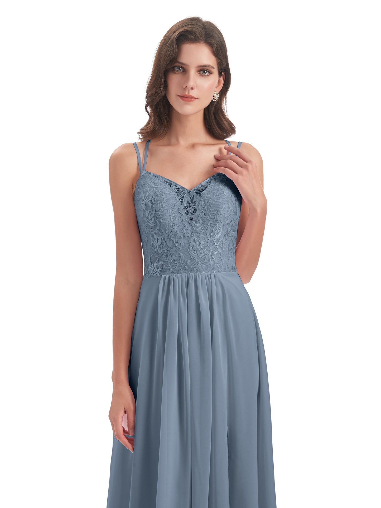 Saanvi Spaghetti Straps Open Back Lace Long Bridesmaid Dresses