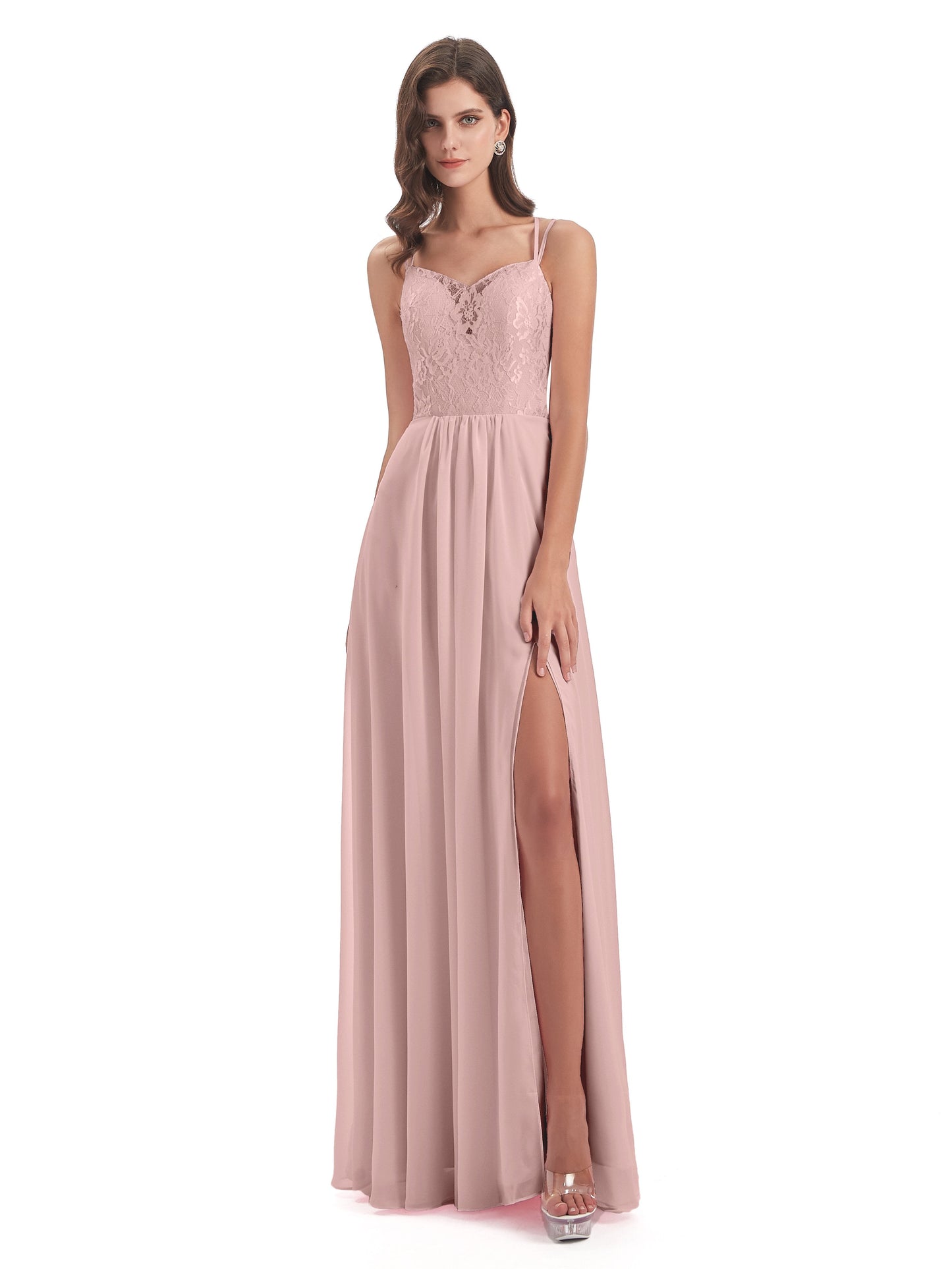 Saanvi Spaghetti Straps Open Back Lace Long Bridesmaid Dresses