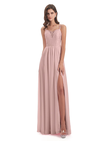 Saanvi Spaghetti Straps Open Back Lace Long Bridesmaid Dresses