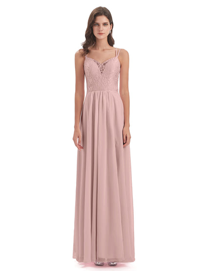 Saanvi Spaghetti Straps Open Back Lace Long Bridesmaid Dresses