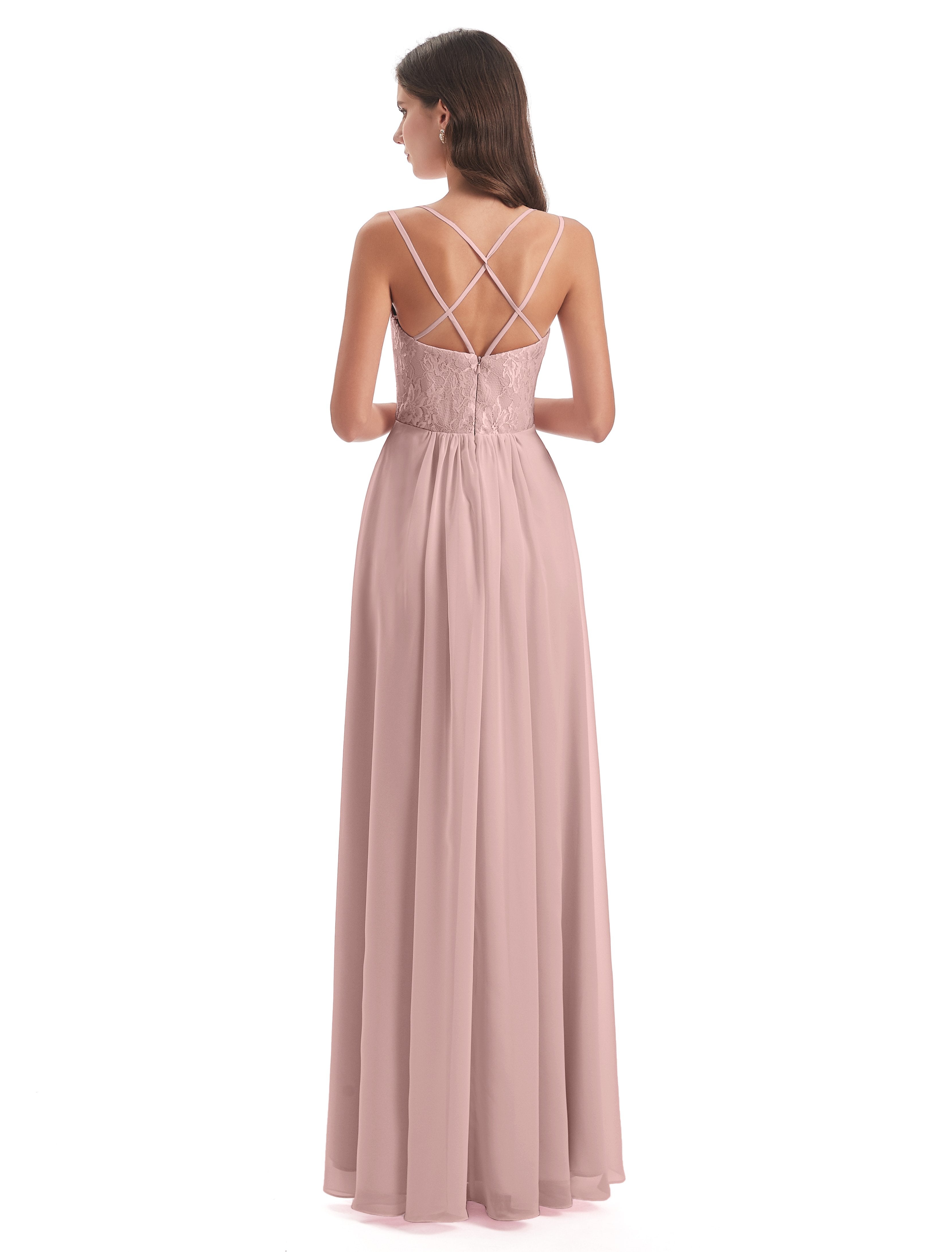 Saanvi Spaghetti Straps Open Back Lace Long Bridesmaid Dresses