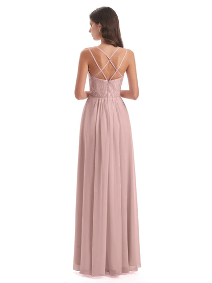 Saanvi Spaghetti Straps Open Back Lace Long Bridesmaid Dresses
