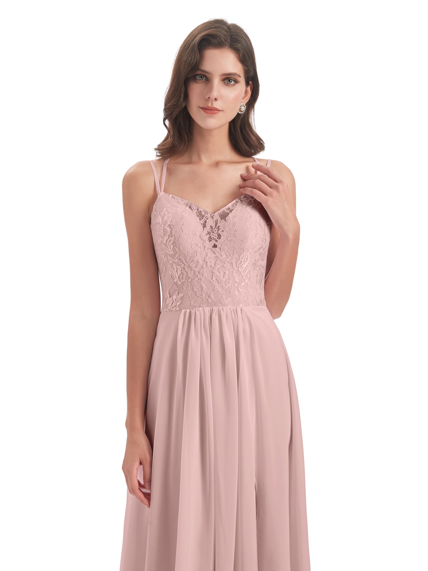 Saanvi Spaghetti Straps Open Back Lace Long Bridesmaid Dresses
