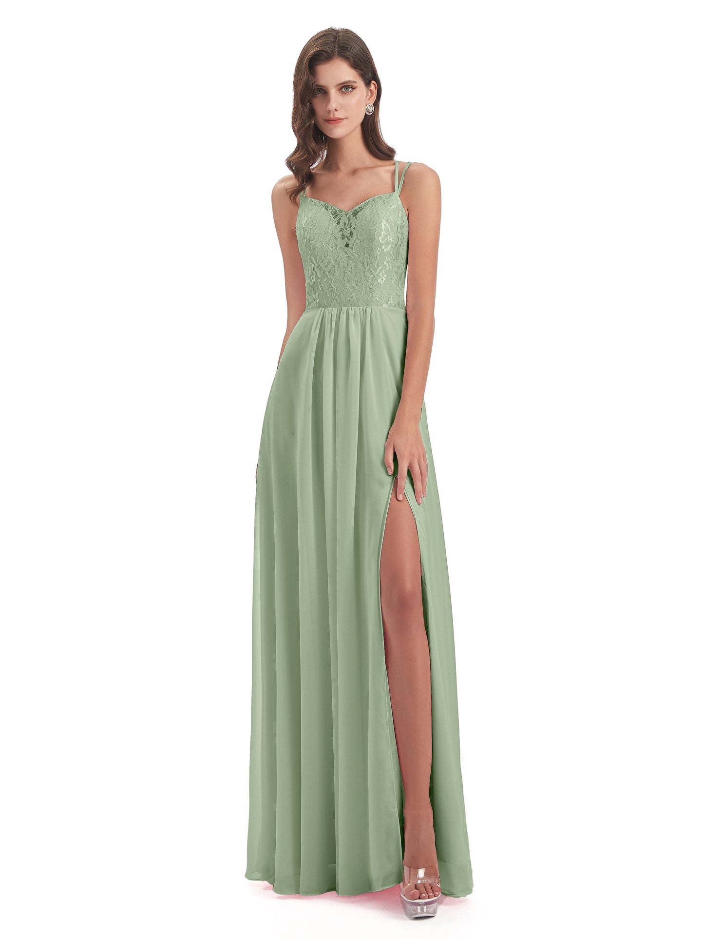 Saanvi Spaghetti Straps Open Back Lace Long Bridesmaid Dresses