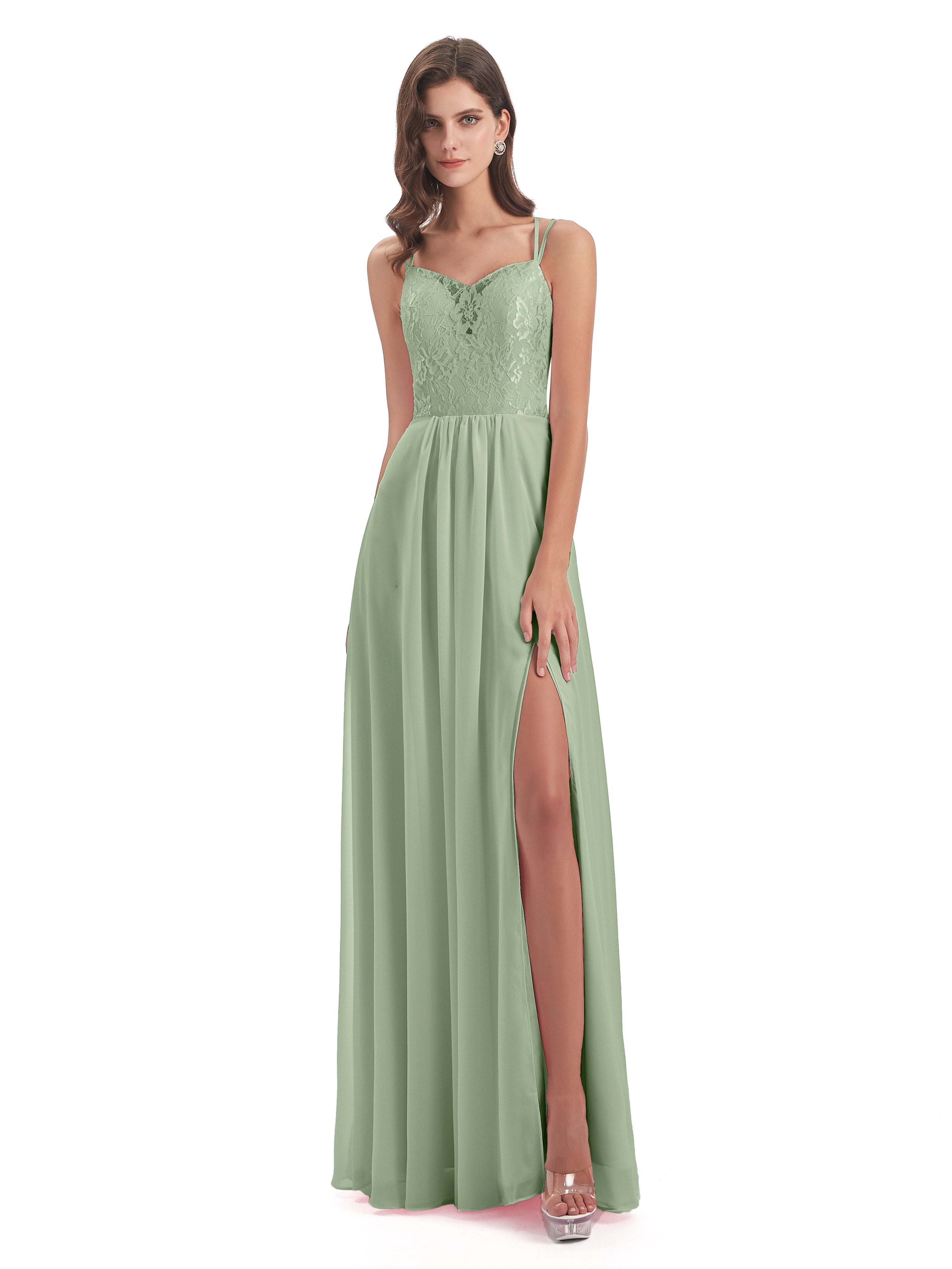 Saanvi Spaghetti Straps Open Back Lace Long Bridesmaid Dresses