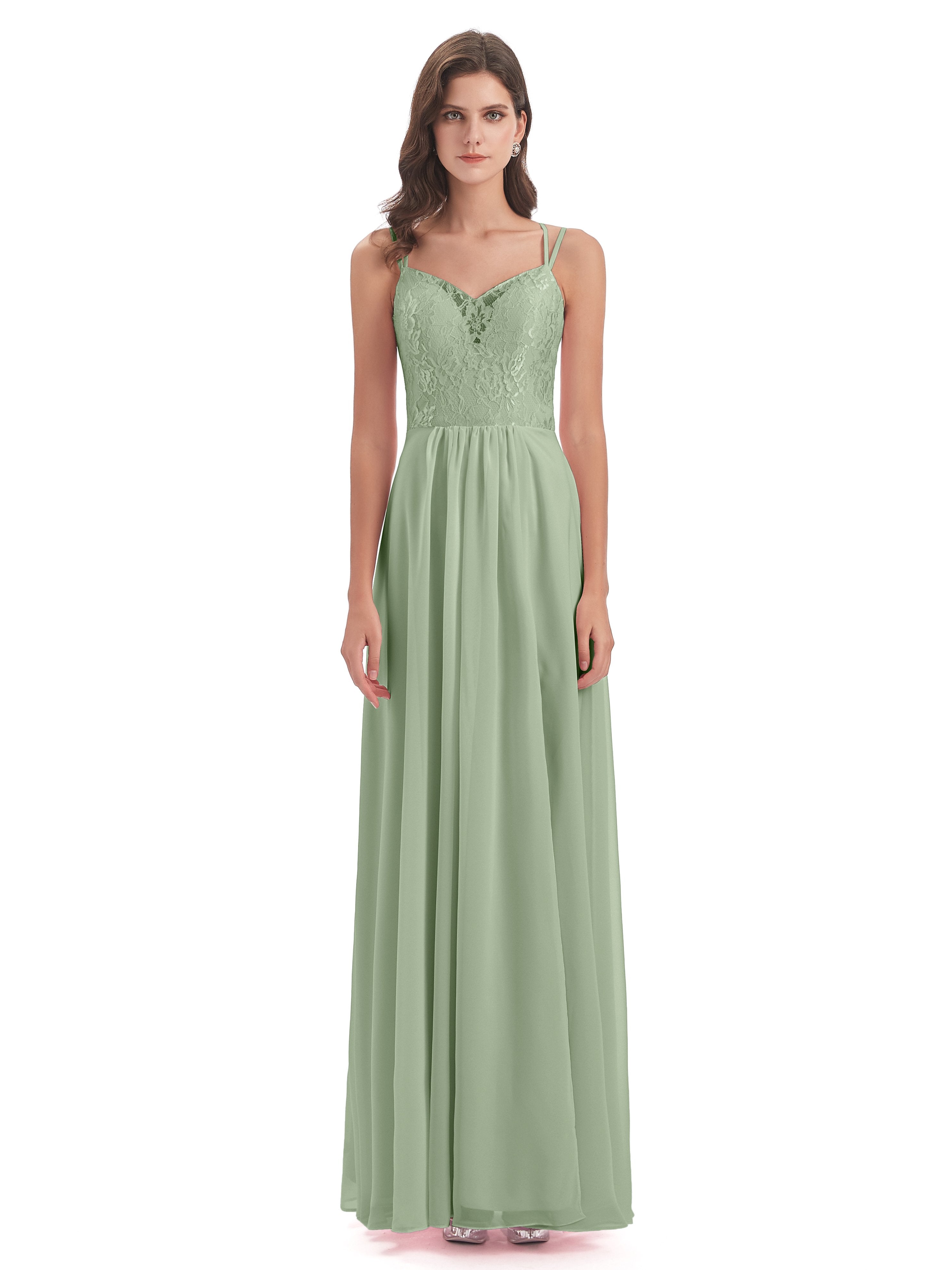 Saanvi Spaghetti Straps Open Back Lace Long Bridesmaid Dresses