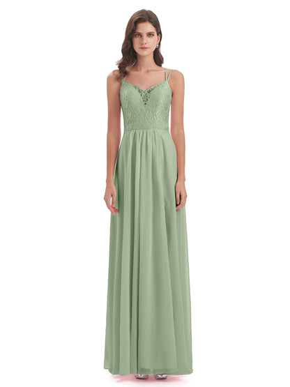 Saanvi Spaghetti Straps Open Back Lace Long Bridesmaid Dresses