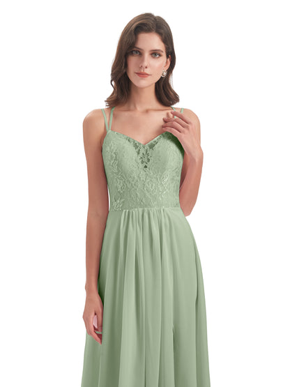Saanvi Spaghetti Straps Open Back Lace Long Bridesmaid Dresses