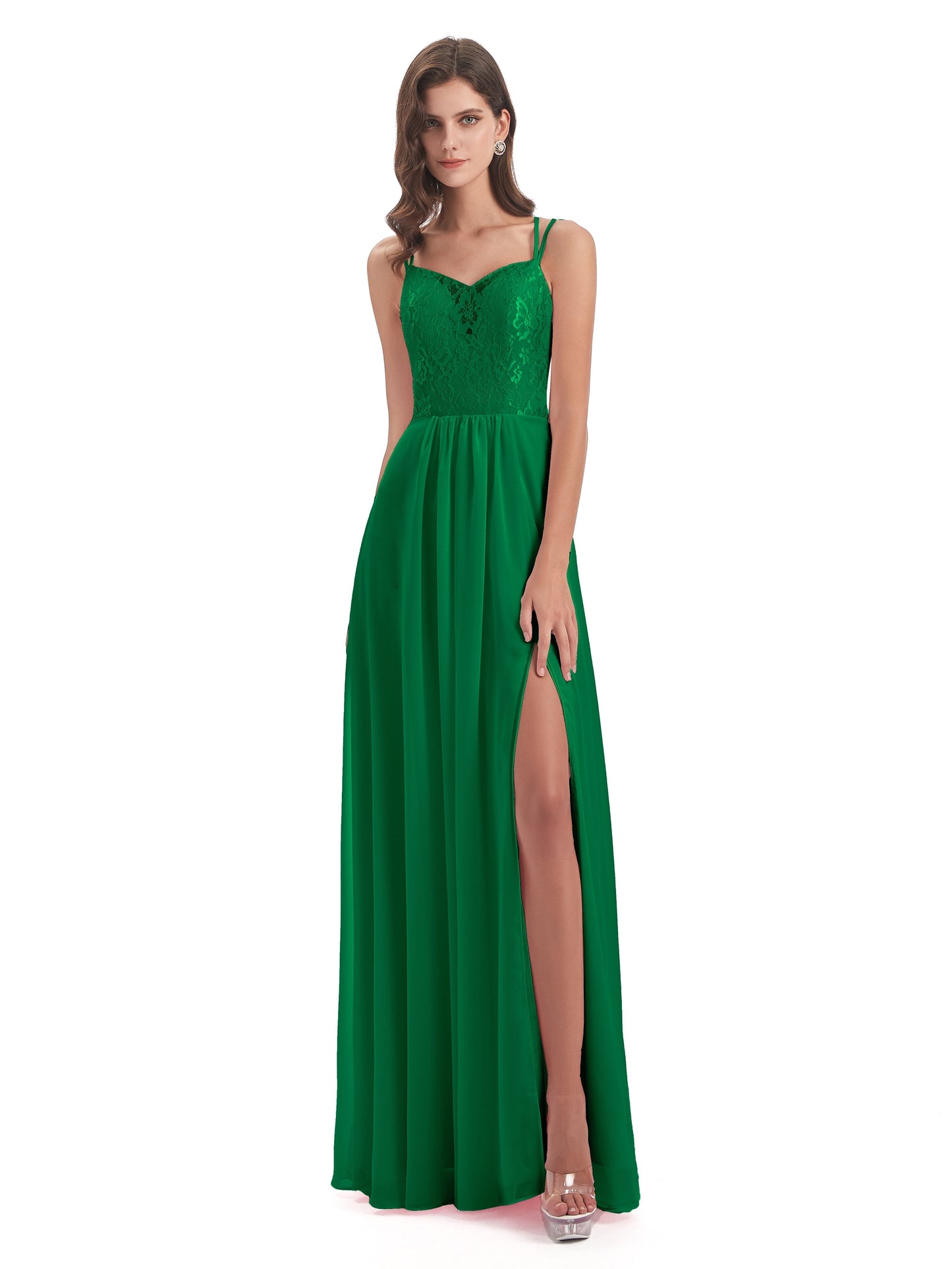 Saanvi Spaghetti Straps Open Back Lace Long Bridesmaid Dresses