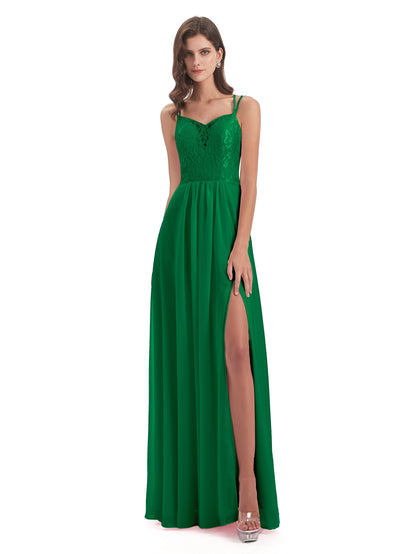 Saanvi Spaghetti Straps Open Back Lace Long Bridesmaid Dresses